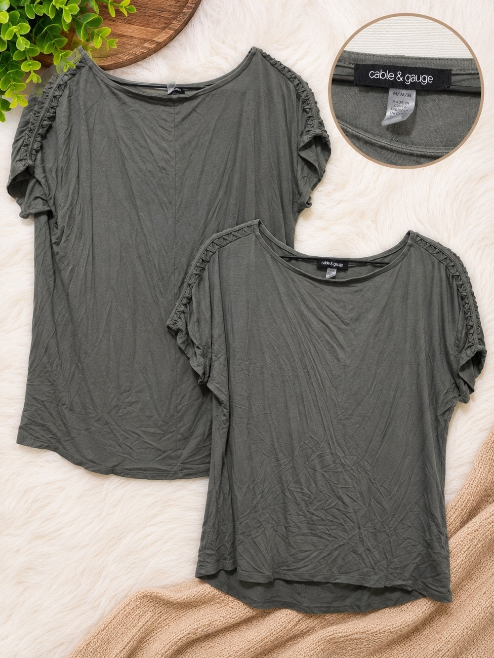 Cable & Gauge Olive Green Short Sleeve Tee with Braided Shoulder Detail